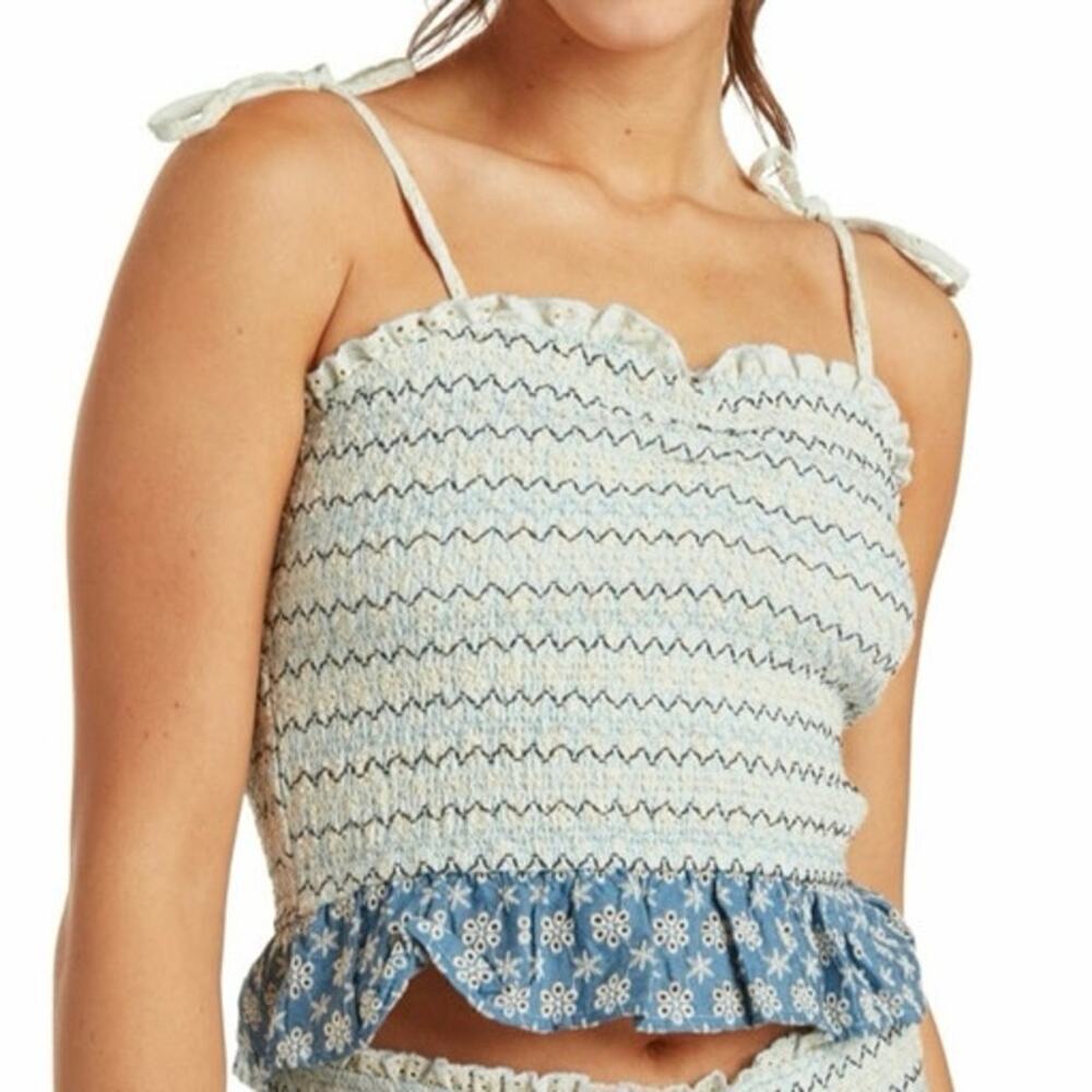 SUMMERLAND Boho Festival Smocked Eyelet Lace Ruffle Crop Top Tank Embroidered